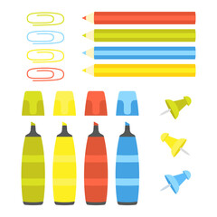 colored stationery of markers, pencils and paper clips
