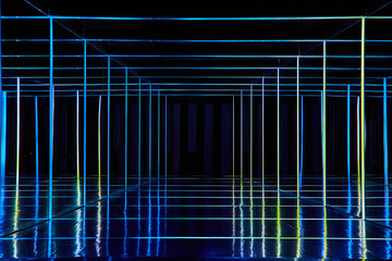 Colorful neon lights lining mirror hallway of infinity - obrazy, fototapety, plakaty