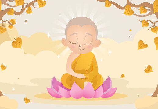Cute Buddhist Monk in Lotus Flower Position Meditating Illustration