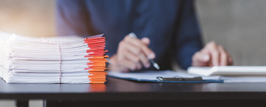 Business Documents, Auditor businesswoman checking searching document legal prepare paperwork or report for analysis TAX time,accountant Documents data contract partner deal in workplace office	