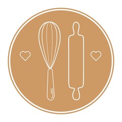 baking with wire whisk logo on white background isolated. Hand drawn isolated metal whisk. Kitchen tools. Vector engraved icon. For restaurant and cafe menu, baker shop, bread, pasty, sweets.