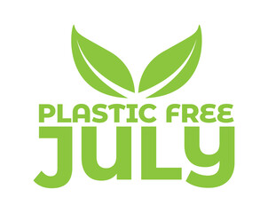 Plastic Free July design, green text and leaves.