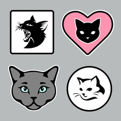 Little funny kittens as stickers for web design. Cute cats as sticker pack for design websites, logo, icons, signs, applications or social network communication. Various colored stickers with cats.