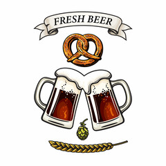 Two toasting beer mugs, Bavarian pretzel, barley ear, hop cone, ribbon banner with text Fresh Beer.Vector illustration.