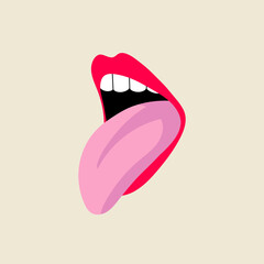 Open female human mouth with tongue, teeth in modern flat, line style. Hand drawn vector illustration of lips, open mouth sticking out, sexy tongue, passion, tasty. Fashion patch, badge, emblem