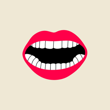 recommend clip art: Open female human mouth with teeth in modern flat, line style. Hand drawn vector illustration of lips, open mouth, whispering, screaming, singing, talking, podcast. Fashion patch, badge, emblem.