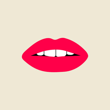 Open female human mouth with teeth in modern flat, line style. Hand drawn vector illustration of lips, open mouth, whispering, sexy, passion, beautiful, make up. Fashion patch, badge, emblem.
