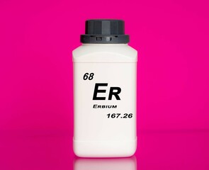 Erbium Er chemical element in a laboratory plastic container