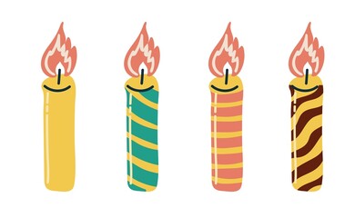 Fototapeta na wymiar Set of colorful burning candles. Hand drawn doodle collection isolated on white. Birthday Party. Vector illustration