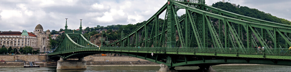 Linkedin banner panoramic photo of metal Freedom Bridge over Danube in Budapest