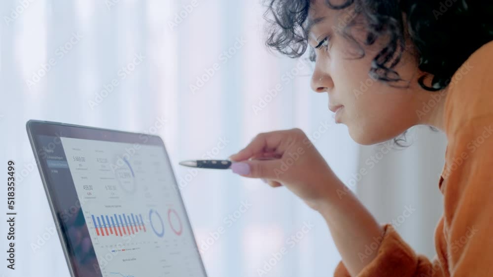 Poster Financial student and data analyst studying graphs and charts on a laptop screen for an accounting assignment. Freelance entrepreneur checking online statistics and thinking of ideas to improve sales
