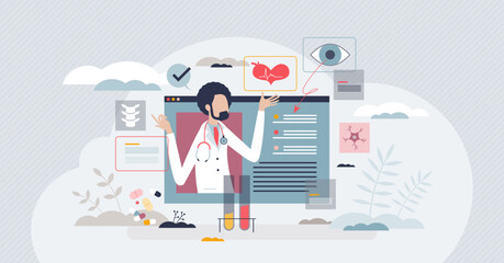 Health tech and medical care using modern technology tiny person concept. Diagnosis and checkup application or online service for disease treatment and specialist or doctor help vector illustration.