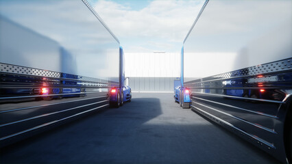 Obraz na płótnie Canvas Futuristic electrick trucks on warehouse parking. Logistic center. Delivery, transport concept. 3d rendering.