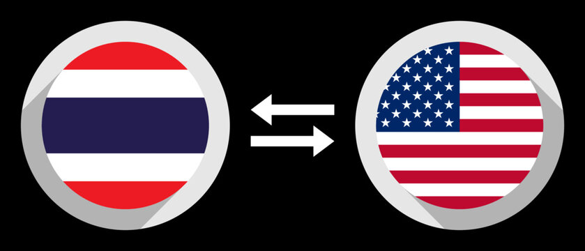 thb to usd exchange rate concept. round icons with thailand and united states flags. language translation icon