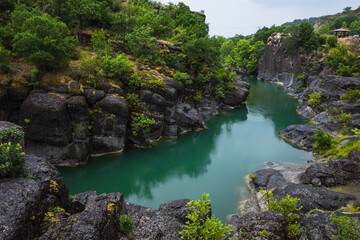 Rainy summer in a Venetikos River view near the village of Eleftherochori, Grevena Municipality, West Macedonia, Greece