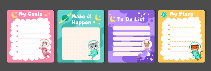 Kids stationery set with memo planners, to-do lists with cute astronaut animals in space suits, template for planning, day agenda, checklists. Vector flat illustration with colorful design