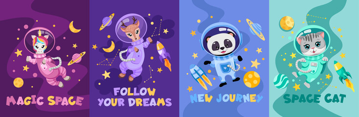 Posters set with different sign slogans and cute animals astronauts in space suits. Hand drawn vector illustration for children print design, nursery invitation, notebook cover or greeting cards.