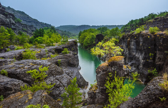 Rainy summer in a Venetikos River view near the village of Eleftherochori, Grevena Municipality, West Macedonia, Greece