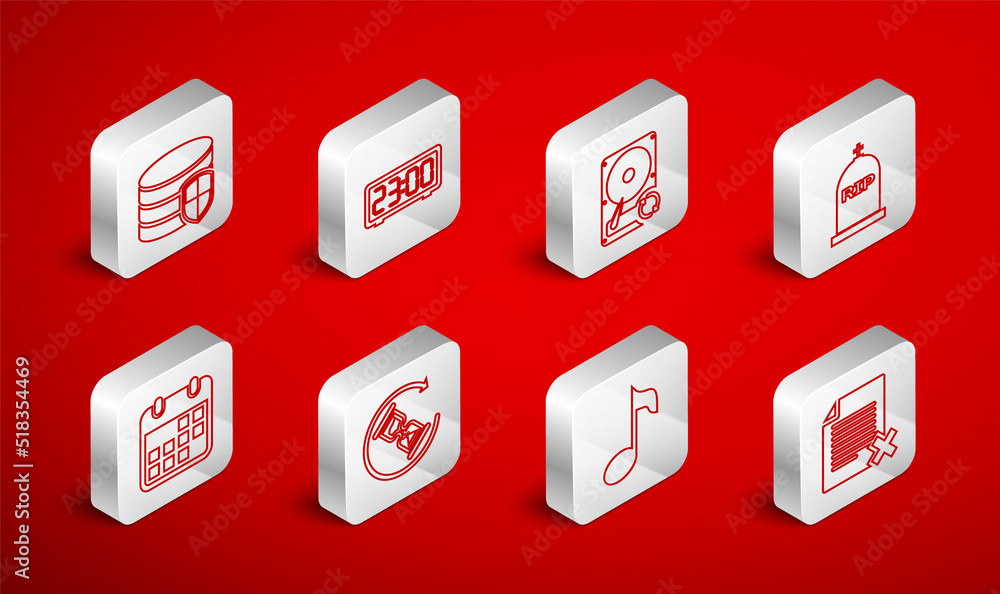 Poster set line delete file document, digital alarm clock, hard disk drive hdd sync refresh, tombstone with