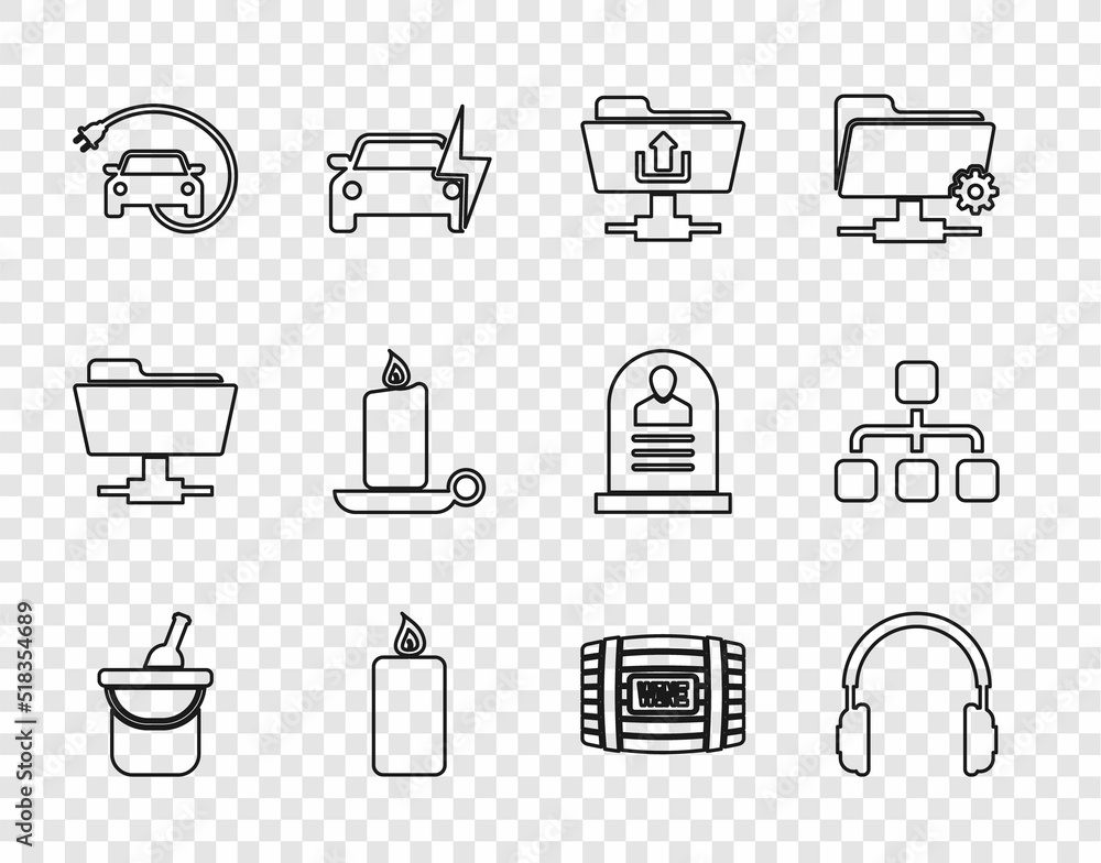 Sticker Set line Bottle of wine in bucket, Headphones, FTP folder upload, Burning candle, Electric car, candlestick, Wooden barrel for and Hierarchy organogram chart icon. Vector