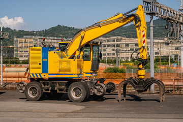 Obraz na płótnie Canvas excavator: the double-function excavator with railway chassis for rail works, for railway infrastructure extension works.