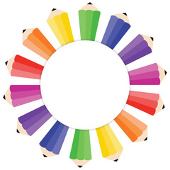 Pencil rainbow pattern. Round frame with colored pencils. Colorful school background. Template border vector.