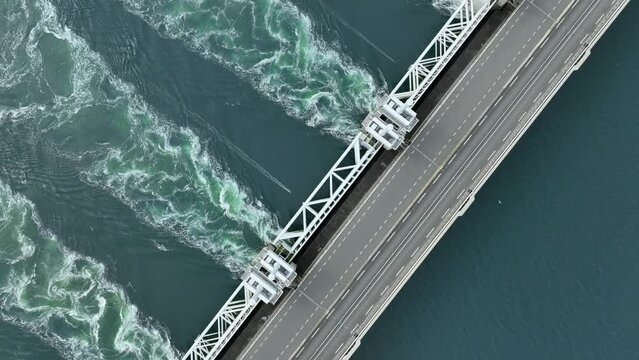 Bird's Eye View of a Storm Surge Barrier Bridge in the Netherlands