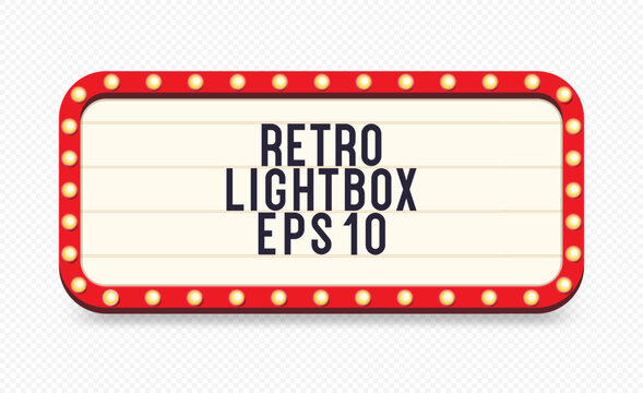 Retro lightbox template with lightbulb realistic style isolated on transparent background for party poster, banner advertising, promotion and sale billboard, cinema, bar show or restaurant. Vector 10