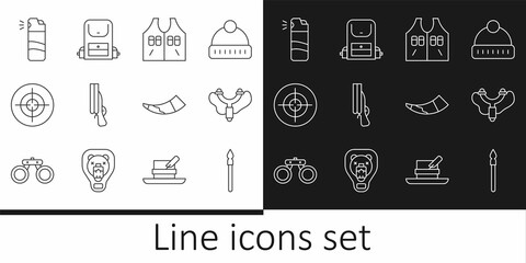 Set line Medieval spear, Slingshot, Hunting jacket, Shotgun, Target sport, Pepper spray, horn and Hiking backpack icon. Vector