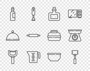 Set line Peeler, Kitchen hammer, Sauce bottle, Measuring cup, Bottle of olive oil, Rolling pin, Bowl and Scales icon. Vector