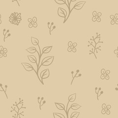 Obraz premium Leaves and flowers seamless pattern. Doodle nature elements background texture. Botanical design.
