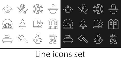 Set line Inukshuk, House, Snowflake, Christmas tree, Montreal Biosphere, sweater, mitten and Curling sport game icon. Vector