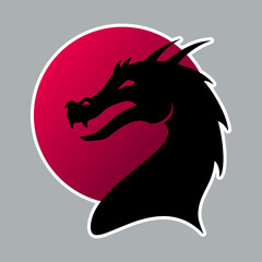 Black wyvern on the rising sun as sticker for design websites, applications, clothes or social network communication. Dark dragon on the red background for design your logo, icon or sign.