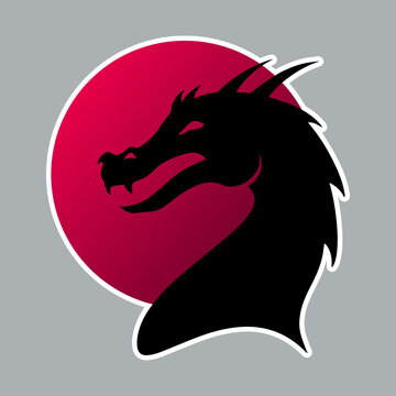 Black wyvern on the rising sun as sticker for design websites, applications, clothes or social network communication. Dark dragon on the red background for design your logo, icon or sign.