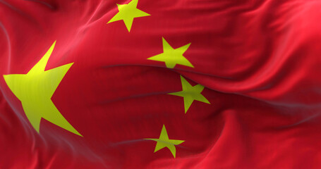 Close-up view of the Chinese national flag waving in the wind