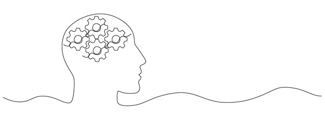 Human head with gears. Concept of good mental health. Continuous one line drawing. Destress management in psychology. Vector illustration