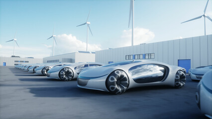 Futuristic electrick cars on warehouse parking. Logistic center. Green energy concept. 3d rendering.