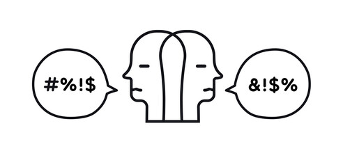Broken human communication concept illustration, bad swear talk two person hand draw line style. Hard speaking, abusing talk, depression, stress discussion, anxiety, obscene behavior. 10 eps
