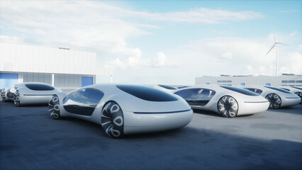 Obraz na płótnie Canvas Futuristic electrick cars on warehouse parking. Logistic center. Green energy concept. 3d rendering.