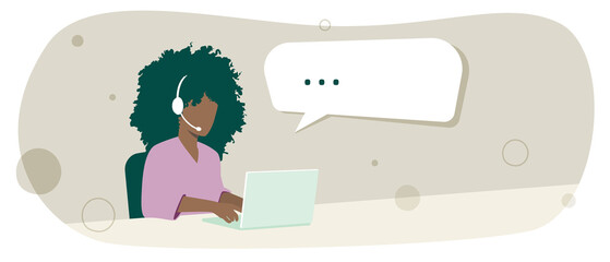 Customer service. Call center woman working and talking on the phone while typing on the computer. Customer support.