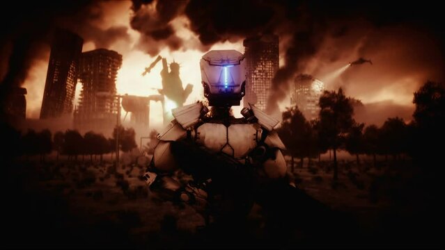 Military robot in destroyed city. Apocalypse concept. Realistic 4k animation.