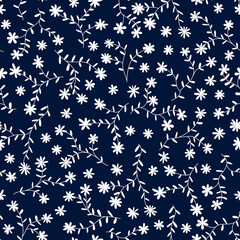 Floral vector print. Small white flowers on navy background