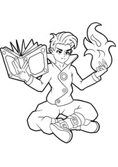 The boy is a fire magician sitting cross-legged, in one hand he holds a book of spells, in the second he casts fire magic drawing drawn in anime style outline drawing coloring book