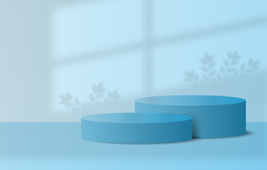 Podium with pastel blue minimal wall scene, 3d products display podium scene, vector illustration