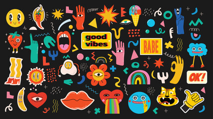 Big Set of Different colored Vector illustartions for posters in Cartoon Flat design. Hand drawn Abstract shapes, faces, different texture, greek elements, funny Comic characters.