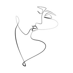 Abstract kissing couple one line drawing, shapes on white isolated background. Modern minimalist pair concept. Human faces, vector illustration.  - obrazy, fototapety, plakaty