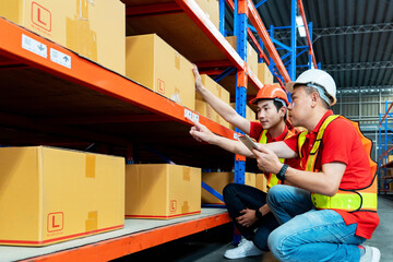 Asian male worker talking with manager in warehouse store. man engineers people wear safety hard helmet and vest checking storage box parcel in factory. Bangkok Thailand