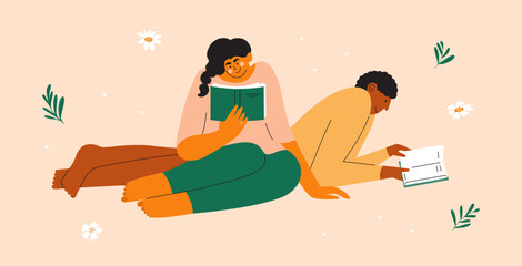 Obraz premium Book club vector illustration. Young man and woman read outdoor. Couple people relaxing in nature holding books in hand. Female and male characters reading literature or poetry. Leisure activity, rest