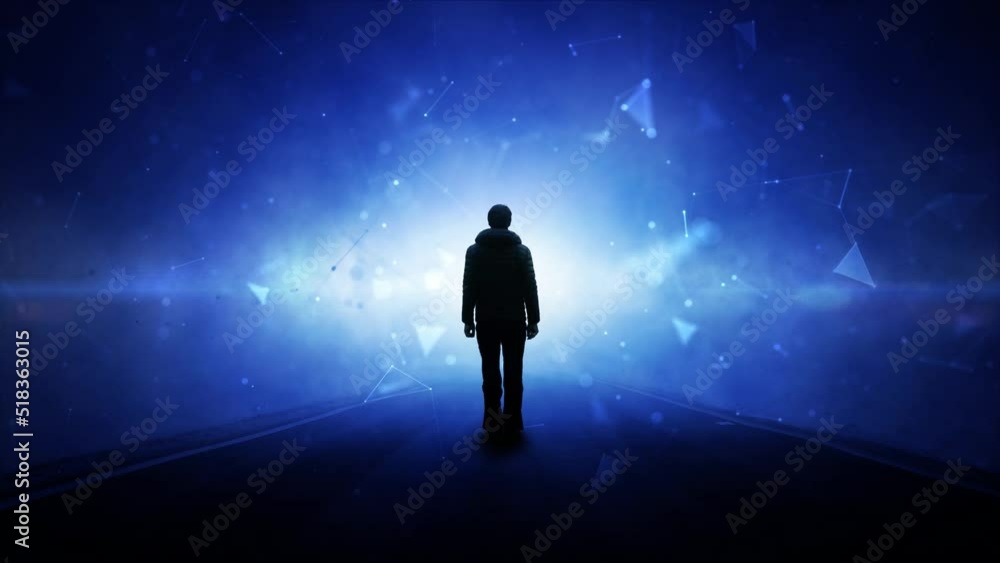Poster digital cyberspace metaverse network loop with a man silhouette. seamless looping.
