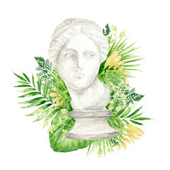 Ancient greek sculpture Venus goddess head with tropical leaves flowers, Watercolor Antique Greece mythology statues bust hand drawn illustration, Venus de Milo face sculpture drawing on grain paper © Svetlana